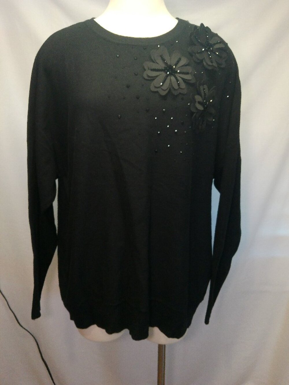 Black Sweater Women Knit Pull Over Embellished Floral On 12th Size 2X